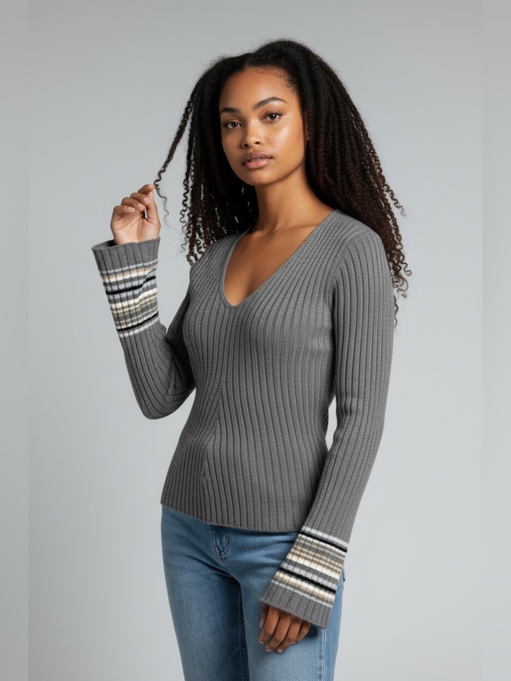 Copper Key Gray Ribbed V-Neck Sweater with Striped Cuffs